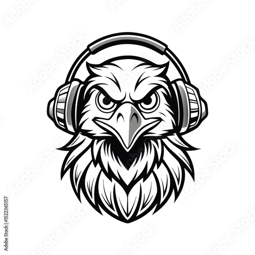 eagle head with headphone black line art vector on
