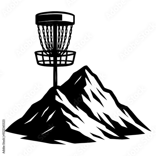 Disc Golf Basket on Mountain Icon - Outdoor Sports and Adventure Symbol