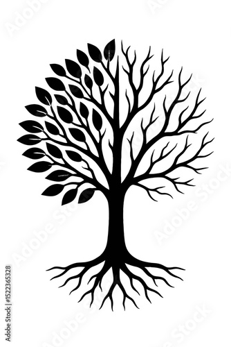 Tree of Life Icon - Half Leafy, Half Bare Branches with Roots Symbol