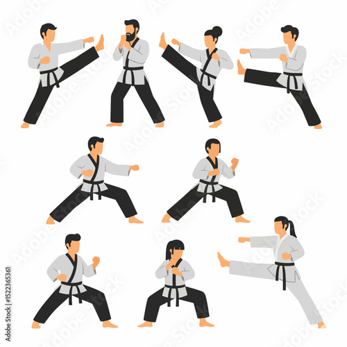 Martial arts fighters in action stances