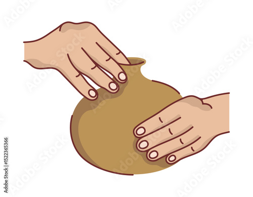 Hands of a master molding a vase from clay, vector icon. Pottery, a sculptor forms a ceramic sculpture. Master class, hobby, the process of shaping from clay. Flat color illustration, isolated clipart