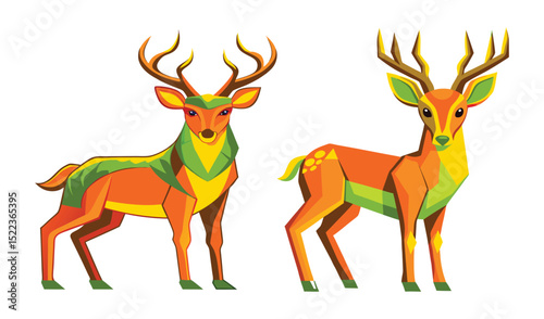 Photo of two vibrant deer, one orange and one orangeyellow, stand isolated on white background, their geometric forms showcasing a blend of warm and cool colors
