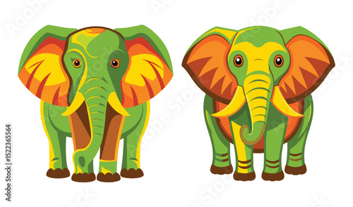 Photo of two vibrant green and orange elephants, isolated on white background, stand proudly in a stylized illustration