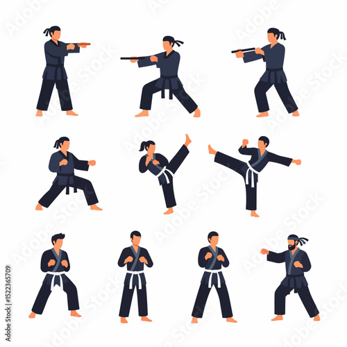 Martial arts training poses practicing fight combat