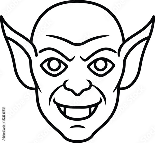 Grotesque Goblin Illustration  A whimsical line art drawing of a mischievous goblin face