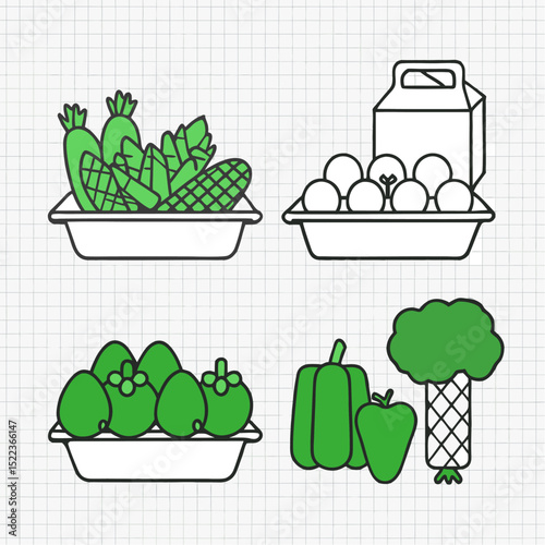 Healthy Grocery Tray with Fruits, Vegetables, Milk and Eco Bag – Vector Illustration