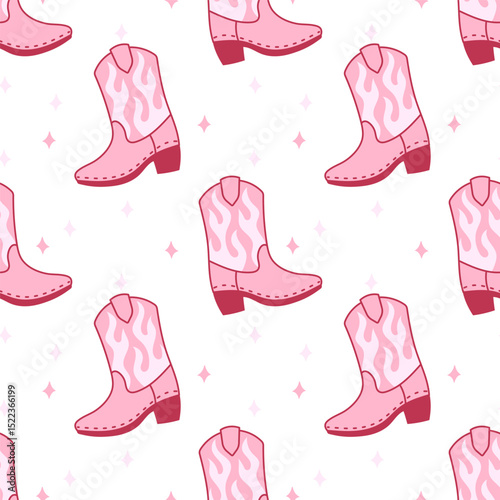 Seamless repeating pattern of pink cowgirl boots with flame design