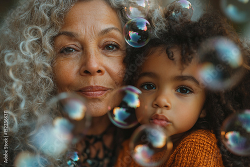 Generative AI Tender Moment Between Grandmother and Granddaughter Surrounded by Soap Bubbles