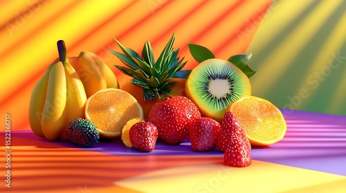 A vibrant still life of tropical fruits against a colorful striped background