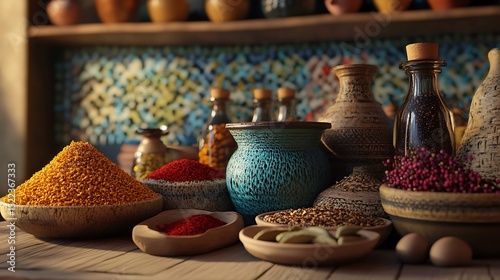 A rustic pantry scene with bowls of colorful spices on wooden shelves