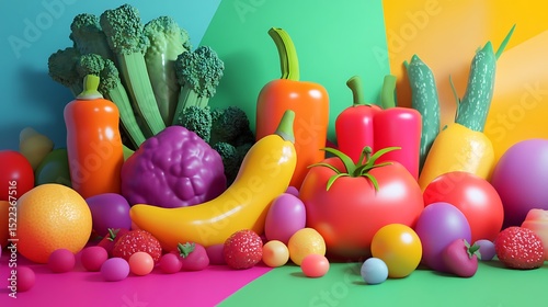 A colorful arrangement of stylized vegetables and fruits against a geometric background