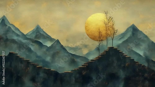 A visual for personal development in education, using emerald green, soft gold, and beige. Include symbols of growth like saplings and mountains with steps, emphasizing achievement and resilience