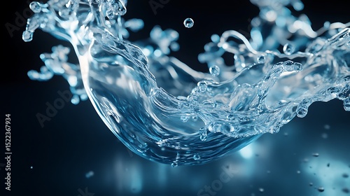 A dynamic clear water wave splashing on a dark blue background