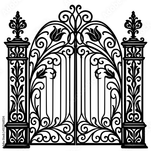 A black vector illustration of an ornate forged iron gate, featuring intricate scrollwork, floral motifs, and decorative finials.