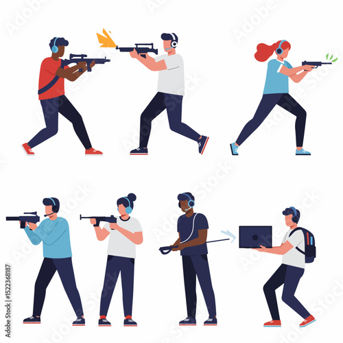 People playing shooter video game with weapon