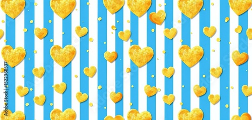 Seamless blue, white striped pattern with gold hearts and confetti Perfect for Valentine's Day,  fabric,  blue