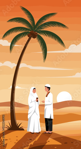 The image depicts a peaceful desert scene with a palm tree, where a man and a woman in traditional Islamic attire stand facing each other. The background features a soft, warm sunset with gentle cloud