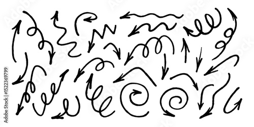 Hand drawn marker arrows symbols set. Doodle brush line grunge scribbles arrow pointers hand drawn vector illustration. Felt pen marker symbols collection.