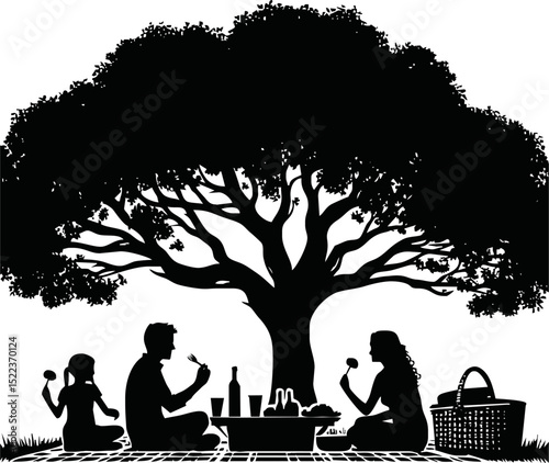 Silhouette of a family picnic under a tree, vector art, black on white