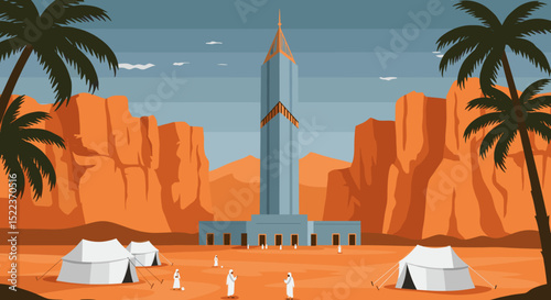 The image depicts a pilgrim performing the symbolic act of the Stoning of the Devil (Ramy al-Jamarat) during the Hajj pilgrimage.