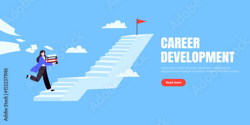 Success career ladder steps path challenge with business goal achievement flag goal on the top of it. Business concept flat vector illustration. Office person running onto success career steps.