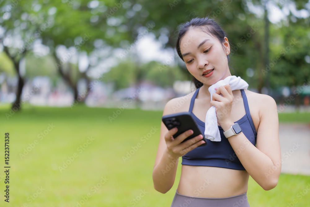Young Asian sportswoman wiping sweat with a towel while checking her smartphone in a lush green park after an invigorating workout, enjoying a moment of relaxation outdoors Young Asian sportswoman wiping sweat with a towel while checking her smartphone in a lush green park after an invigorating workout, enjoying a moment of relaxation outdoors