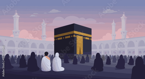 The image shows an artistic illustration of the Kaaba at sunset in Mecca, Saudi Arabia. In the foreground, a couple of pilgrims, dressed in simple white attire, are facing the Kaaba.