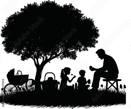 Silhouette of a family picnic under a tree, vector art, black on white