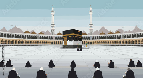 The black and gold cube-shaped structure stands amidst a crowd of pilgrims. It appears to be a simplified, artistic representation of a religious scene, likely intended to evoke the atmosphere of Hajj