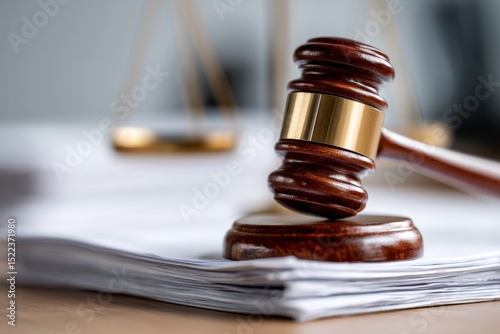Judge’s gavel resting on stack of legal documents with balance scales blurred in background, symbolizing law and justice photo