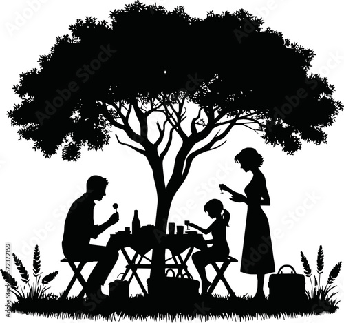 Silhouette of a family picnic under a tree, vector art, black on white