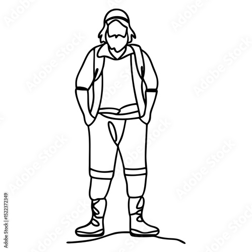 One-Line Art of Rugged Adventurer with Hands in Pockets for Blogs, Illustrations, Outdoor Themes, Lifestyle Content, and Creative Projects  