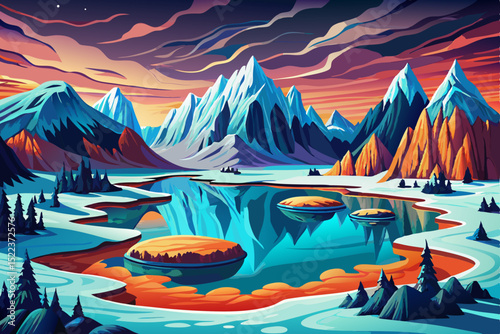 Vector illustration of a mountain lake landscape with frozen waters perfect for winter nature themes, travel design, outdoor posters, and seasonal backgrounds