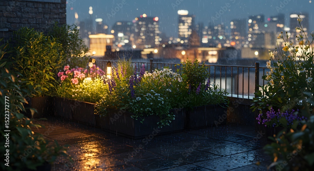 Obraz premium Nighttime Rooftop Garden Oasis with City Skyline View