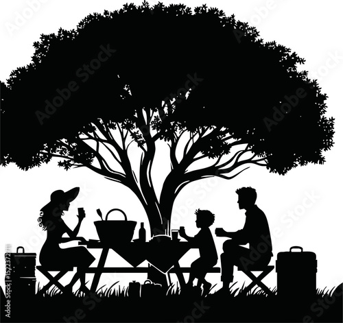 Silhouette of a family picnic under a tree, vector art, black on white