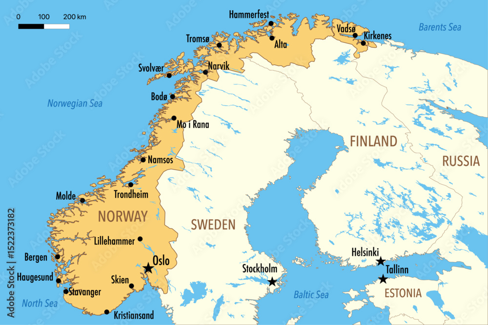 Obraz premium Vector Map of Norway with Major Cities and Neighboring Countries – Editable Illustration