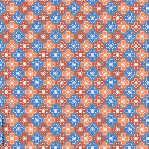 seamless floral pattern,draw straight lines,curves,circle,which are red,blue and orange with a gray background,and put them together to from red,blue and orange flowers to be fabric pattern.