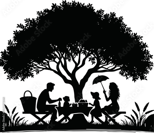 Silhouette of a family picnic under a tree, vector art, black on white