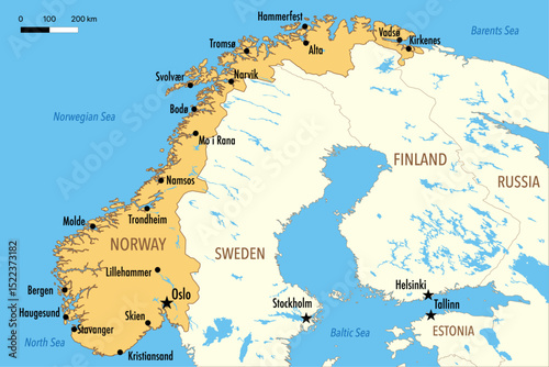 Vector Map of Norway with Major Cities and Neighboring Countries – Editable Illustration