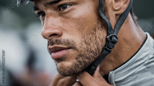Macro close-up portrait of a man putting on a cycling helmet, focused and ready for a ride.

