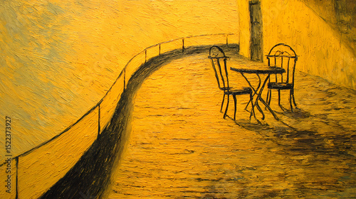 museum visual identity | night as psyche | hope through despair | raw sienna and ochre | curved horizon lines | isolated chairs | cross-hatch texture | palette modulation | night scenes of Arles |