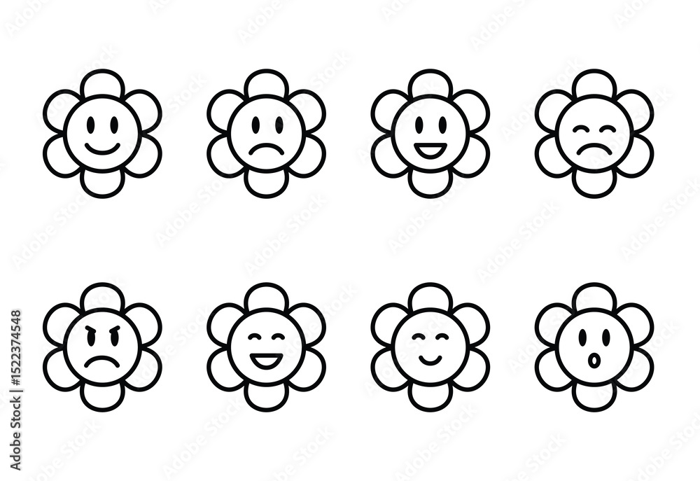 set of daisy flower faces with various expressions, simple line set of daisy flower faces with various expressions, simple line