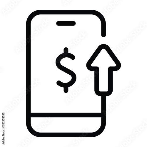 Smartphone displaying a dollar sign and an up arrow, ideal for financial apps, investing concepts, economic growth illustrations.