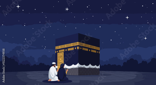 The black and gold cube-shaped structure stands amidst a crowd of pilgrims. It appears to be a simplified, artistic representation of a religious scene, likely intended to evoke the atmosphere of Hajj
