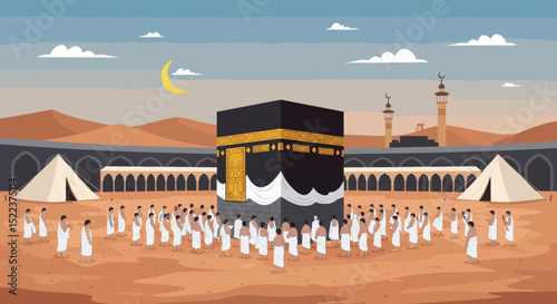 The black and gold cube-shaped structure stands amidst a crowd of pilgrims. It appears to be a simplified, artistic representation of a religious scene, likely intended to evoke the atmosphere of Hajj