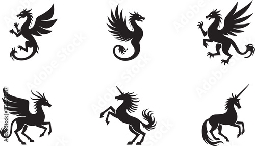 Silhouette Icons of Mythical Creatures Including Griffins, Phoenixes, and Unicorns