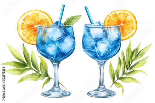 Refreshing Blue Tropical Cocktails with Citrus Garnish in Watercolor Style Isolated on Transparent Background