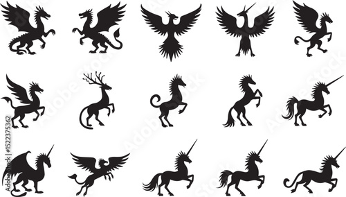 Silhouette Icons of Mythical Creatures Including Griffins, Phoenixes, and Unicorns
