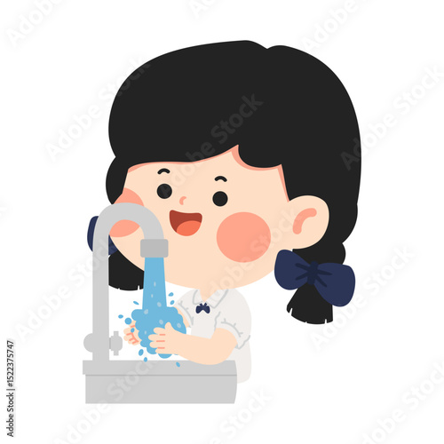 Cartoon of girl washing hands at basin