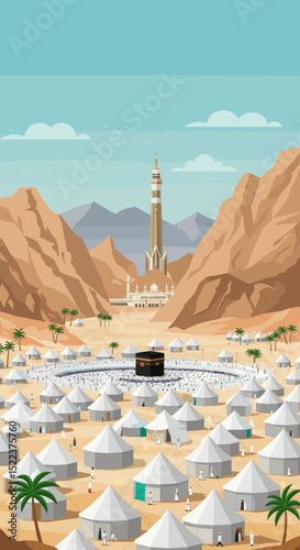 The desert landscape surrounds the scene, with palm trees and a clear sky, capturing the essence of this important ritual in Islamic tradition.